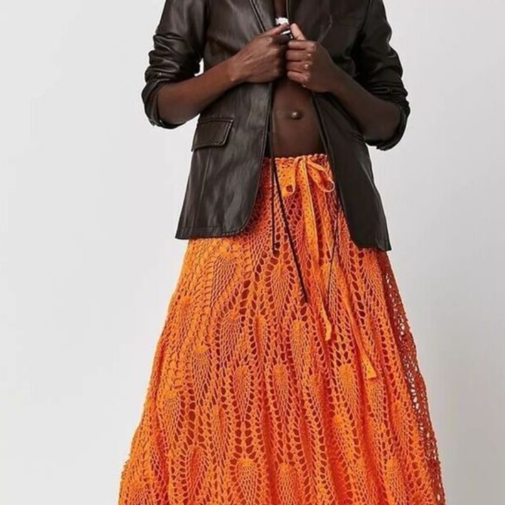 Free People Bright Orange Crochet Maxi Skirt